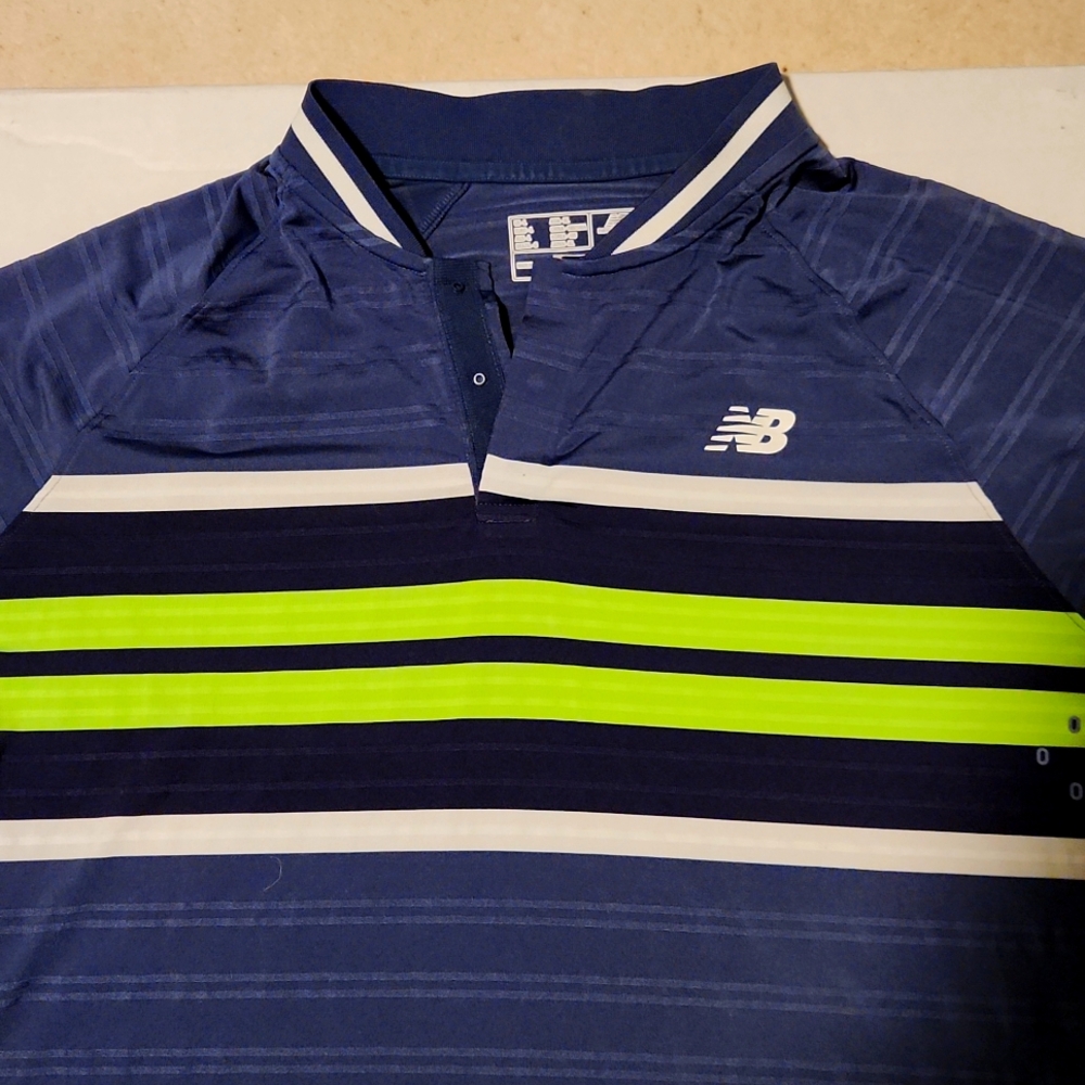 New Balance Men's Tennis T-Shirt Polyester Half collar snap up large Blue/lime G